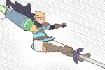  1boy blonde_hair blue_eyes boots cape clenched_hand fingerless_gloves fuse_(zelda) gloves hood hooded_cape kamen_rider kamen_rider_fourze_(series) link male_focus master_sword pointy_ears rider_kick rocket speed_lines the_legend_of_zelda the_legend_of_zelda:_tears_of_the_kingdom tokihanatareshi 