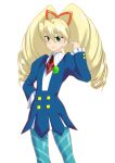  1girl big_hair blonde_hair blue_pantyhose cowboy_shot drill_hair green_eyes hair_between_eyes hair_ribbon hand_on_own_hip highres inemuri-george-guren-san long_sleeves looking_at_viewer luna_platz_(mega_man) mega_man_(series) mega_man_star_force pantyhose ribbon smile solo striped striped_pantyhose twin_drills twintails 