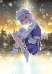  1girl apron artist_request blue_skirt blue_vest bobby_socks fetal_position full_body highres letty_whiterock light_particles light_purple_hair long_sleeves official_art parted_lips puffy_sleeves purple_hair shirt short_hair skirt skirt_set socks solo strange_creators_of_outer_world touhou tree vest violet_eyes waist_apron white_apron white_headwear white_shirt white_socks 