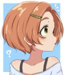  1girl bare_shoulders blush close-up commentary_request hair_ornament hairclip idolmaster idolmaster_cinderella_girls idolmaster_cinderella_girls_u149 ikameshi_(ika_meshi) light_brown_hair looking_to_the_side off-shoulder_shirt off_shoulder parted_lips profile ryuzaki_kaoru shirt short_hair solo two-tone_background yellow_eyes 