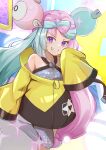  1girl bow-shaped_hair character_hair_ornament commentary_request eyelashes green_hair grey_pantyhose grey_shirt grin hair_ornament hand_up iono_(pokemon) jacket leg_up mizuiro123 multicolored_hair pantyhose pink_hair pokemon pokemon_(game) pokemon_sv shirt single_leg_pantyhose sleeveless sleeveless_shirt sleeves_past_fingers sleeves_past_wrists smile solo sparkle star_(symbol) star_print teeth twintails two-tone_hair violet_eyes yellow_jacket 