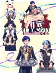  3boys :o androgynous blanket blue_hair blush buttons closed_eyes closed_mouth coat commentary_request cowboy_shot cup dark_blue_hair ensemble_stars! frills full_body fushimi_yuzuru gloves head_on_another&#039;s_shoulder highres himemiya_tori holding holding_another&#039;s_leg holding_tray long_sleeves looking_at_another looking_up male_focus mole mole_under_eye multiple_boys official_alternate_costume on_person open_mouth partial_commentary pink_hair purple_ribbon ribbon shino_hajime short_bangs short_hair sidelocks sitting sleeping sleeping_upright teapot tray user_vzxu4543 violet_eyes white_gloves 