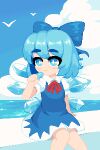  1girl bird blue_dress blue_eyes blue_hair blush bow cirno clouds dithering dress eating food hair_bow holding ice ice_cream minimilieu ocean pixel_art short_hair short_sleeves sitting smile thick_eyebrows touhou water 