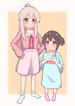  2girls absurdres aged_down ahoge black_hair blue_shirt blush brown_eyes commentary female_child frilled_shirt_collar frills full_body hair_between_eyes hands_on_own_hips highres long_hair long_sleeves looking_at_viewer multicolored_hair multiple_girls neck_ribbon nekomotowata no_shoes onii-chan_wa_oshimai! oversized_clothes oversized_shirt oyama_mahiro oyama_mihari pink_hair pink_shirt pink_socks purple_hair red_ribbon ribbon shirt short_hair short_twintails siblings simple_background sisters skirt smile socks standing t-shirt tied_shirt twintails two-tone_hair white_skirt white_socks yellow_background 