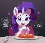  1girl black_background blue_eyes english_text food fork heart horns knife looking_at_viewer my_little_pony my_little_pony:_friendship_is_magic open_mouth pabbley purple_hair rarity simple_background single_horn solo speech_bubble steak teeth unicorn upper_body upper_teeth_only 