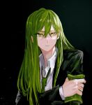  1boy black_background choroi_amachori collared_shirt green_armband green_hair green_necktie hand_on_own_arm highres lobotomy_corporation long_hair looking_to_the_side necktie netzach_(project_moon) parted_lips project_moon shirt sidelocks simple_background solo white_shirt yellow_eyes 