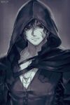  1boy 3wa_tari blood blood_on_face cape clive_rosfield closed_mouth collarbone facial_hair final_fantasy final_fantasy_xvi greyscale hood hood_up hooded_cape male_focus monochrome partially_unbuttoned shirt short_hair solo twitter_username upper_body 