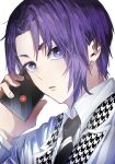  1boy 58hrprtr blue_lock bright_pupils collared_shirt commentary fingernails highres holding holding_phone lapels long_sleeves looking_at_viewer male_focus mikage_reo necktie notched_lapels parted_lips phone purple_hair school_uniform shirt short_hair simple_background solo talking_on_phone upper_body violet_eyes white_background white_pupils 