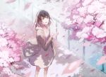  1girl black_hair blue_eyes dress feet_out_of_frame flower highres looking_ahead open_mouth original petals railing short_hair smile solo sunlight sweater teeth touchika tree white_dress 