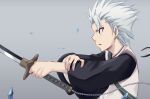  1boy bleach crystal green_eyes grey_background hand_on_own_arm haori hitsugaya_toushirou holding holding_sword holding_weapon japanese_clothes long_sleeves male_focus open_mouth shizupu spiky_hair sword weapon white_hair 