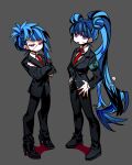  2girls black_footwear black_jacket black_pants blue_hair closed_mouth collared_shirt commentary_request crossed_arms double_bun employee_(lobotomy_corporation) full_body grey_background hair_bun hands_on_own_hips high_heels highres jacket lobotomy_corporation long_sleeves multiple_girls necktie open_mouth pants ponytail project_moon red_necktie scar scar_on_cheek scar_on_face scar_on_mouth shirt shot_(urem) simple_background single_sidelock suit violet_eyes white_shirt 