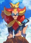  :&lt; absurdres aqua_eyes closed_mouth clouds commentary_request crown day gara_(qbeuxvii22) highres looking_down no_humans outdoors pokemon pokemon_(creature) pyroar pyroar_(male) sky standing 