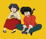  1boy 1girl annoyed black_footwear black_hair brown_eyes controller game_controller highres natfoe on_floor open_mouth ranma_1/2 red_skirt retro_artstyle saotome_ranma short_hair simple_background skirt sweater teeth tendou_akane upper_teeth_only video_game yellow_background 