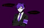  armband black_sweater brown_eyes collared_shirt commentary english_commentary lobotomy_corporation male_focus necktie open_mouth project_moon purple_armband purple_background purple_hair purple_necktie shirt short_hair simple_background solo_a speech_bubble sweater translation_request turtleneck turtleneck_sweater white_shirt yesod_(project_moon) 