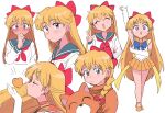  aino_minako bishoujo_senshi_sailor_moon blonde_hair blue_bow blue_eyes blush bow closed_mouth fox heart open_mouth orange_footwear orange_sailor_collar orange_skirt red_bow red_ribbon ribbon sailor_collar sailor_venus simple_background skirt tsubobot v variations white_background 