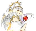  1girl angel_wings apple bare_shoulders cross-shaped_pupils crown dress food fruit halo lobotomy_corporation long_hair nishikujic parted_lips personification project_moon red_eyes smile snake solo symbol-shaped_pupils very_long_hair white_dress white_hair white_wings whitenight_(lobotomy_corporation) wings 