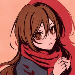 1girl blush brown_eyes brown_hair clenched_hands commentary english_commentary hair_between_eyes hori-san_to_miyamura-kun hori_kyouko long_hair looking_at_viewer moshimoshibe red_scarf scarf solo 