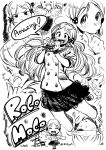  1girl :d blush bow bukimi_isan burger buttons character_request copyright_request double-breasted food greyscale hair_bow holding holding_food long_hair looking_at_viewer miniskirt monochrome multiple_views open_mouth pleated_skirt pout roco_moco shirt skirt smile 