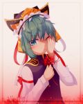  1girl aqua_eyes closed_mouth commentary epaulettes flower frilled_hat frills gradient_background green_hair hand_on_own_face hat holding holding_flower long_sleeves looking_at_viewer red_flower shiki_eiki short_hair solo spider_lily touhou upper_body zuomerika 