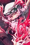  1girl bat_wings commentary dress hat hat_ribbon highres holding holding_weapon looking_at_viewer mob_cap purple_hair red_eyes red_ribbon remilia_scarlet ribbon sharp_teeth short_hair short_sleeves solo spear_the_gungnir teeth touhou weapon white_dress white_headwear wings zuomerika 