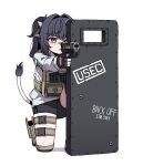  1girl animal_ears black_gloves black_shorts blue_eyes blue_hair cat_ears cat_girl cat_tail chest_rig english_text fingerless_gloves gloves gun handgun highres holding holding_gun holding_weapon karepack original riot_shield shield shirt shorts solo squatting tail weapon weapon_request white_background white_shirt 