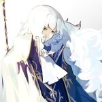  1boy argalia_(library_of_ruina) ascot blue_cape blue_jacket cape collared_jacket gold_trim jacket library_of_ruina long_hair looking_at_viewer looking_to_the_side nishikujic project_moon scythe sidelocks solo upper_body very_long_hair white_ascot white_hair 