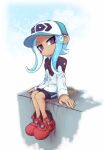  1girl baseball_cap bike_shorts bike_shorts_under_shorts black_shorts blush buttons grey_eyes hat long_hair long_sleeves octoling octoling_girl red_footwear sazeka_(pixiv354189) shirt shoes shorts sitting sneakers solo splatoon_(series) splatoon_2 tentacle_hair white_background white_shirt 