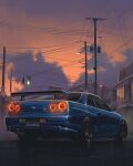  andrew_mytro car clouds from_behind glowing highres license_plate light_trail motor_vehicle nissan nissan_skyline nissan_skyline_gt-r nissan_skyline_r34 original power_lines spoiler_(automobile) sunset traffic_light utility_pole vehicle_focus 