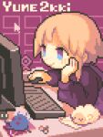  1girl at_computer blonde_hair blue_eyes blush character_request closed_mouth commentary_request copyright_name creature cursor desk hand_on_own_chin head_rest highres holding_mouse_(computer) keyboard_(computer) kubimogehina monitor pink_background pixel_art purple_sweater purple_vest sheep short_hair smile solo sweater upper_body urotsuki vest yume_2kki 
