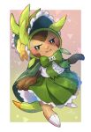  absurdres blush bonnet border bow chespin clothed_pokemon green_bow green_skirt highres no_humans nullma pokemon pokemon_(creature) shirt signature skirt solo white_border white_shirt 