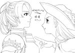  2girls armor closed_mouth hat highres lineart long_hair multiple_girls simple_background white_background 