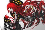  1other black_coat black_shirt coat collared_shirt e.g.o_(project_moon) employee_(lobotomy_corporation) gauntlets holding holding_staff jacket lobotomy_corporation long_hair looking_to_the_side necktie nishikujic project_moon red_eyes red_necktie redhead shirt simple_background staff teardrop_facial_mark upper_body very_long_hair white_background white_jacket 