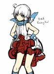  1girl ahoge armpits bird_hair_ornament blue_gloves blue_scarf blue_socks center_frills closed_mouth dress flat_chest frilled_dress frills gloves grey_eyes hair_ornament hands_on_own_hips head_wings lobotomy_corporation nishikujic personification project_moon punishing_bird scarf short_hair simple_background sleeveless sleeveless_dress socks solo white_background white_hair wings 