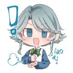  ! 1girl apron blue_eyes blue_shirt bow braid chibi green_bow grey_hair izayoi_sakuya long_sleeves lowres open_mouth palm-fist_tap shirt short_hair_with_long_locks smile solo souta_(karasu_no_ouchi) swept_bangs touhou transparent_background twin_braids upper_body 