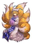  1girl animal_ears blonde_hair blue_tabard closed_mouth commentary_request dress fox_ears fox_tail frilled_sleeves frills full_body hands_in_opposite_sleeves hankuri hat highres long_sleeves looking_at_viewer multiple_tails orange_eyes second-party_source short_hair solo tabard tail touhou white_dress wide_sleeves yakumo_ran 