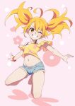  1girl ahoge bakemonogatari bare_legs barefoot black_bra blonde_hair bra crop_top denim denim_shorts gesugesu_ahoaho monogatari_(series) navel off-shoulder_shirt off_shoulder one_eye_closed oshino_shinobu pointy_ears scrunchie shirt shorts simple_background smile solo twintails underwear wrist_scrunchie 