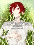  1boy buttons character_name collared_shirt commentary_request dated fingernails grass hagiwara_daisuke hand_on_own_stomach happy_birthday hori-san_to_miyamura-kun long_sleeves looking_at_viewer lying male_focus on_back open_collar outstretched_hand parted_lips red_eyes redhead sengoku_kakeru shirt short_hair solo upper_body white_shirt 