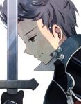  1boy armor closed_mouth fire_emblem fire_emblem_fates green_eyes grey_hair hair_slicked_back holding holding_sword holding_weapon kanasiinezimakineko looking_down pensive quiff silas_(fire_emblem) solo sword weapon 