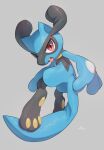  absurdres grey_background highres looking_at_viewer no_humans nullma open_mouth pokemon pokemon_(creature) riolu signature simple_background solo watermark 