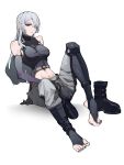  1girl abs absurdres ak-15_(girls&#039;_frontline) boots breasts elbow_gloves girls_frontline gloves highres large_breasts long_hair looking_at_viewer navel simple_background sitting solo stomach swept_bangs tactical_clothes tank_top violet_eyes white_background white_hair yat_(tsmn7245) 