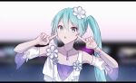  1girl :o aqua_eyes aqua_hair blurry blurry_background commentary_request detached_sleeves flower gesture_request hair_flower hair_ornament hatsune_miku highres index_finger_raised jewelry letterboxed long_hair looking_at_viewer necklace open_mouth parang_99 project_sekai solo twintails upper_body vocaloid 