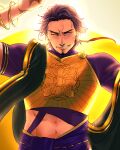  1boy absurdres armor bracelet cropped_shirt duryodhana_(fate) earrings facial_hair fate/grand_order fate_(series) g_g_gera goatee goatee_stubble highres jewelry looking_at_viewer male_focus mature_male navel necklace purple_hair sash shoulder_sash signature single_earring smile solo upper_body violet_eyes 