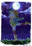  absurdres aonoha_0305 border bright_pupils brown_eyes clouds commentary_request from_side grass highres hisuian_lilligant leg_up moon night outdoors pokemon pokemon_(creature) sky solo standing standing_on_one_leg white_border white_pupils 