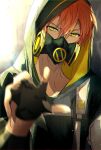  0216goma 1boy black_gloves blonde_hair close_game/offline_(project_sekai) commentary covered_mouth fingerless_gloves gloves highres hood hood_up looking_at_viewer male_focus mask multicolored_hair official_alternate_costume orange_hair project_sekai shinonome_akito short_hair solo streaked_hair two-tone_hair upper_body yellow_eyes 