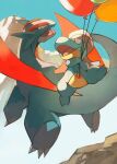  absurdres bagon balloon black_eyes commentary_request day fangs flying gara_(qbeuxvii22) highres holding no_humans open_mouth outdoors pokemon pokemon_(creature) salamence sky tongue 