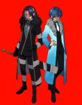  2boys black_coat black_footwear black_gloves black_pants black_vest blue_coat blue_eyes blue_hair blue_necktie coat collared_shirt commentary_request e.g.o_(project_moon) employee_(lobotomy_corporation) full_body fur-trimmed_coat fur_trim glasses gloves grey_shirt hand_on_own_hip horns lobotomy_corporation male_focus medu_(rubish) multiple_boys necktie open_clothes open_coat pants project_moon red_background shirt short_hair simple_background teardrop_facial_mark vest white_shirt 