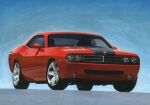  ape_(logo1113) blue_background car dodge_(company) dodge_challenger highres motor_vehicle muscle_car no_humans original painting_(medium) solo traditional_media vehicle_focus 