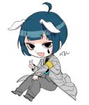  1boy ahoge animal_ears azanaya_nie black_necktie blue_hair coat collared_shirt commentary_request dog_ears e.g.o_(project_moon) employee_(lobotomy_corporation) grey_coat grey_footwear grey_pants grey_shirt invisible_chair lobotomy_corporation long_sleeves male_focus necktie open_clothes open_coat open_mouth pale_skin pants project_moon shirt short_hair simple_background sitting smile solo teardrop_facial_mark translation_request v white_background 