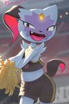  absurdres black_shirt black_shorts blurry blurry_background cheerleader clothed_pokemon crop_top depth_of_field highres inkune looking_at_viewer midriff open_mouth pokemon pokemon_(creature) pom_pom_(cheerleading) shirt short_shorts shorts sleeveless sneasler solo 