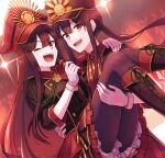  1girl alternate_costume black_footwear black_headwear fate/grand_order fate_(series) gloves hat highres long_hair microphone oda_nobukatsu_(fate) oda_nobunaga_(fate) open_mouth otoko_no_ko ponytail red_eyes siblings teeth upper_teeth_only white_gloves yzrh0 